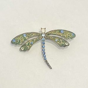 Vintage Dragonfly Brooch/Pendant Silver with Blue Stones and Green Enamel